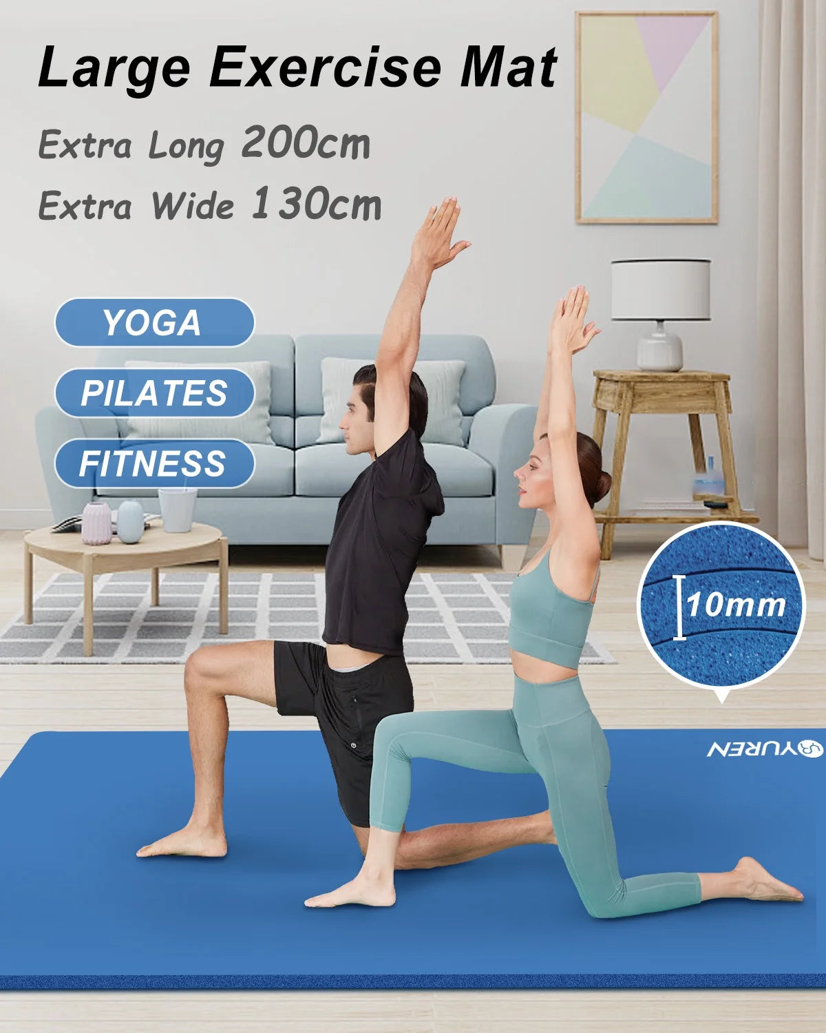 Large Exercise Mat 10Mm Thick NBR Foam for Home Gym Fitness Workout, Blue, 78X51 Inch